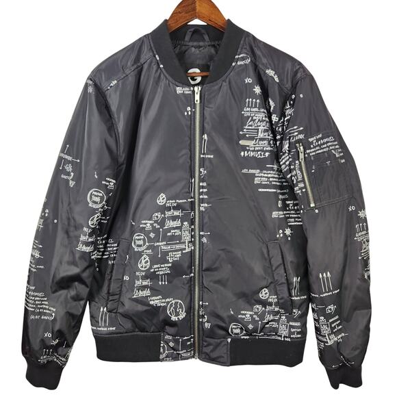 G by Guess Clash Printed Nylon Black Bomber Jacket White Graffiti Sketch LG NWT - Picture 1 of 16